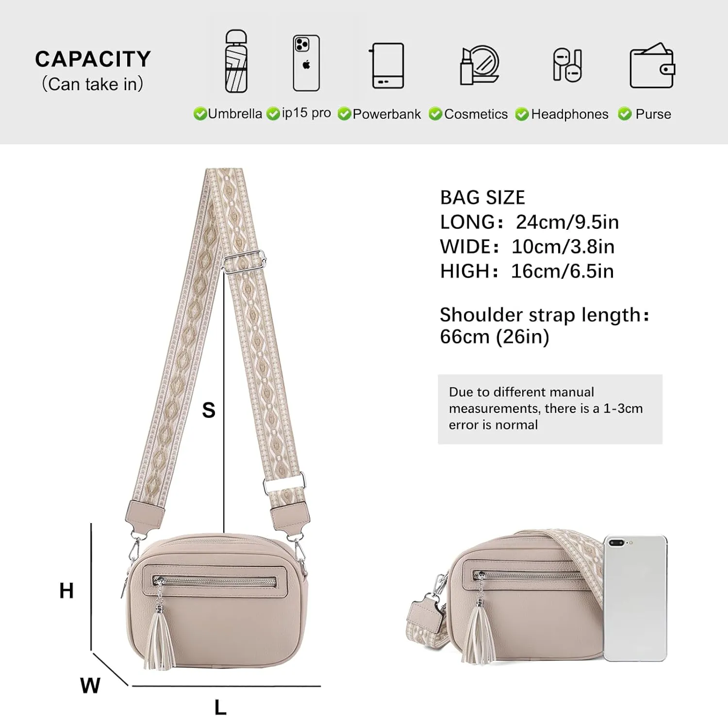Crossbody Bag for Women Trendy Purse Small Shoulder Handbags with Wide Strap With Multi-compartment double zipper
