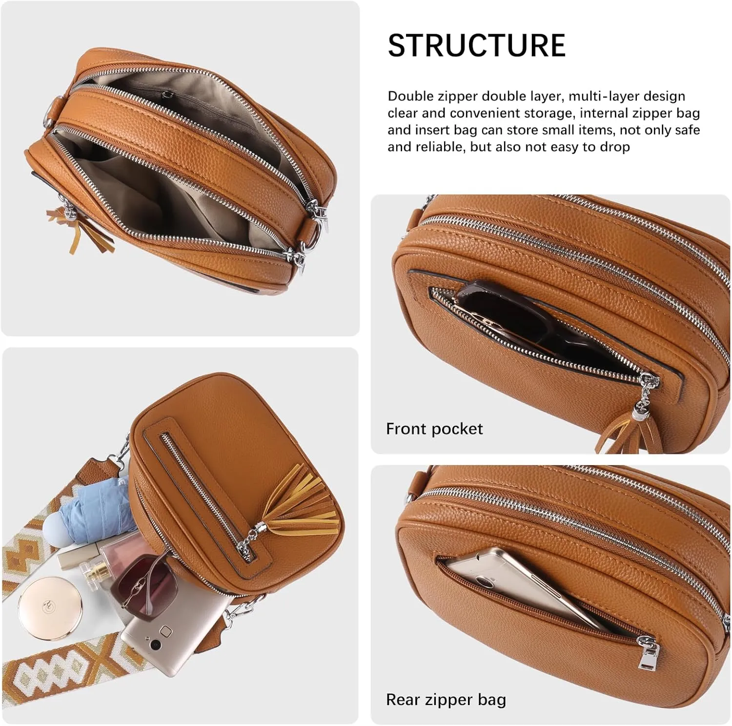 Crossbody Bag for Women Trendy Purse Small Shoulder Handbags with Wide Strap With Multi-compartment double zipper