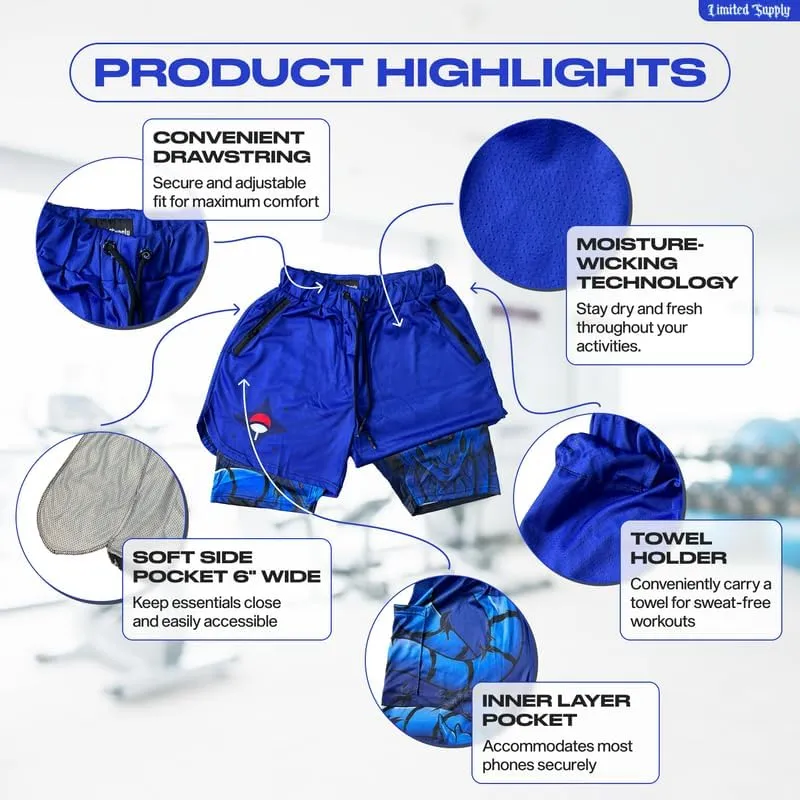 CROWN Anime Shorts - Breathable Mesh Stretch Compression Short with Pockets and Towel Holder