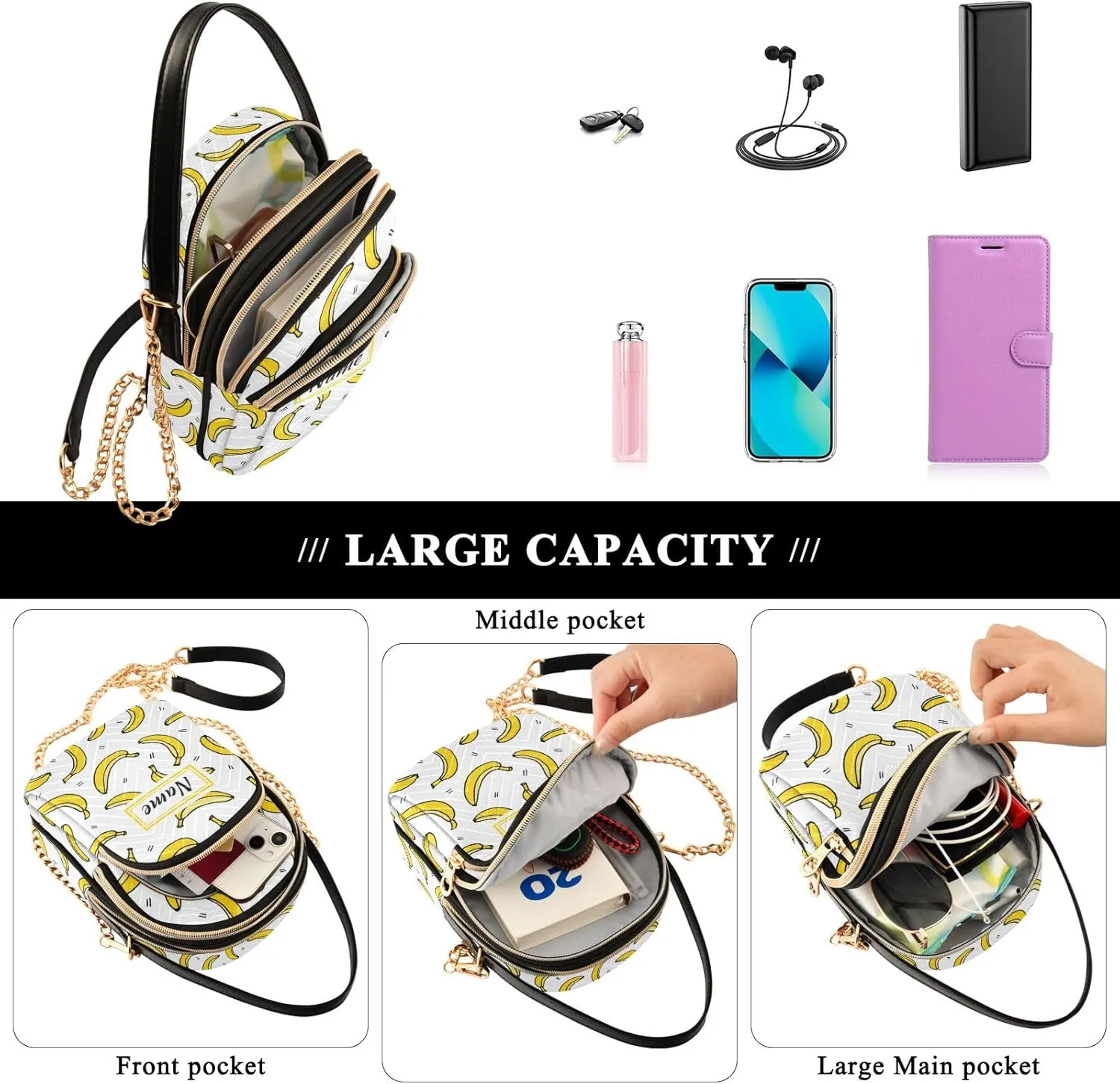 Custom Crossbody Bag for Women, Rainbow Unicorn Phone Purse Detachable Personalized Name Chain Bag Shoulder Handbag Wallet