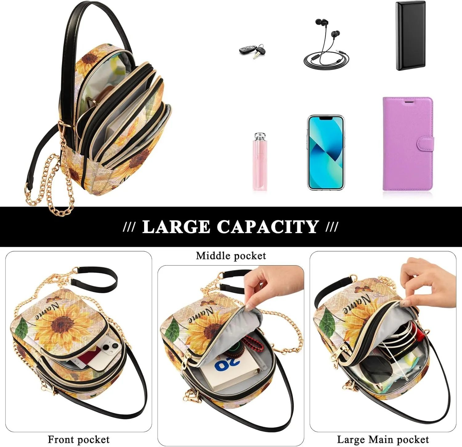 Custom Crossbody Bag for Women, Rainbow Unicorn Phone Purse Detachable Personalized Name Chain Bag Shoulder Handbag Wallet