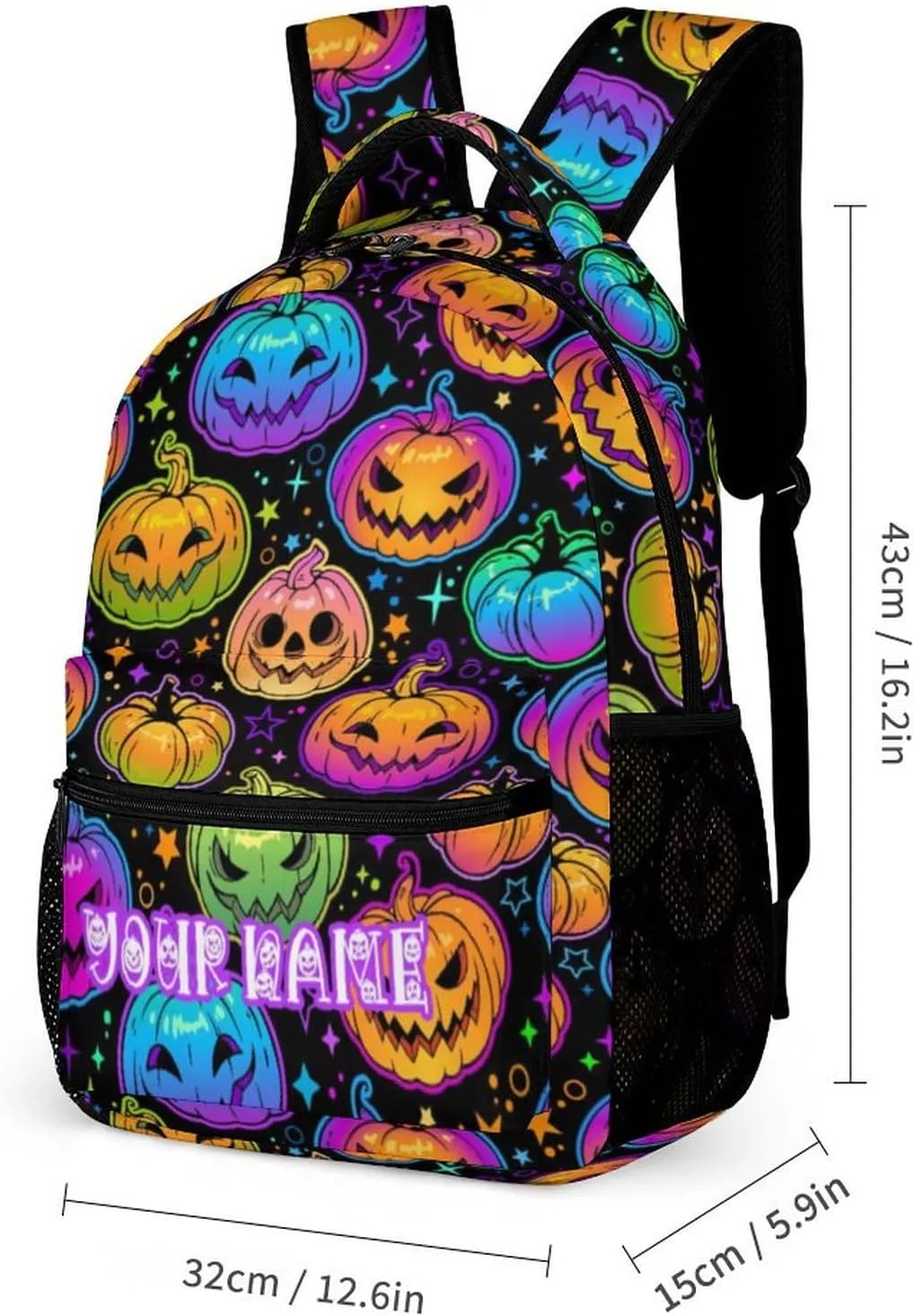 Custom Halloween Pumpkin Backpack for Kids Girls Boys School, 16 Inches Scary Halloween Theme Bookbag, Adjustable, Lightweight, Large Capacity, Happy Halloween Backpacks