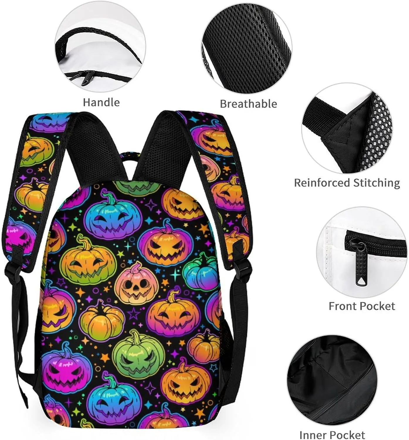 Custom Halloween Pumpkin Backpack for Kids Girls Boys School, 16 Inches Scary Halloween Theme Bookbag, Adjustable, Lightweight, Large Capacity, Happy Halloween Backpacks