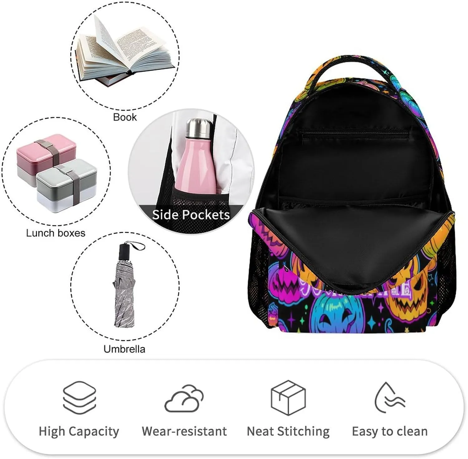 Custom Halloween Pumpkin Backpack for Kids Girls Boys School, 16 Inches Scary Halloween Theme Bookbag, Adjustable, Lightweight, Large Capacity, Happy Halloween Backpacks
