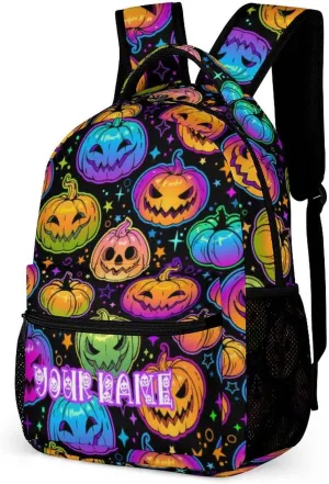 Custom Halloween Pumpkin Backpack for Kids Girls Boys School, 16 Inches Scary Halloween Theme Bookbag, Adjustable, Lightweight, Large Capacity, Happy Halloween Backpacks
