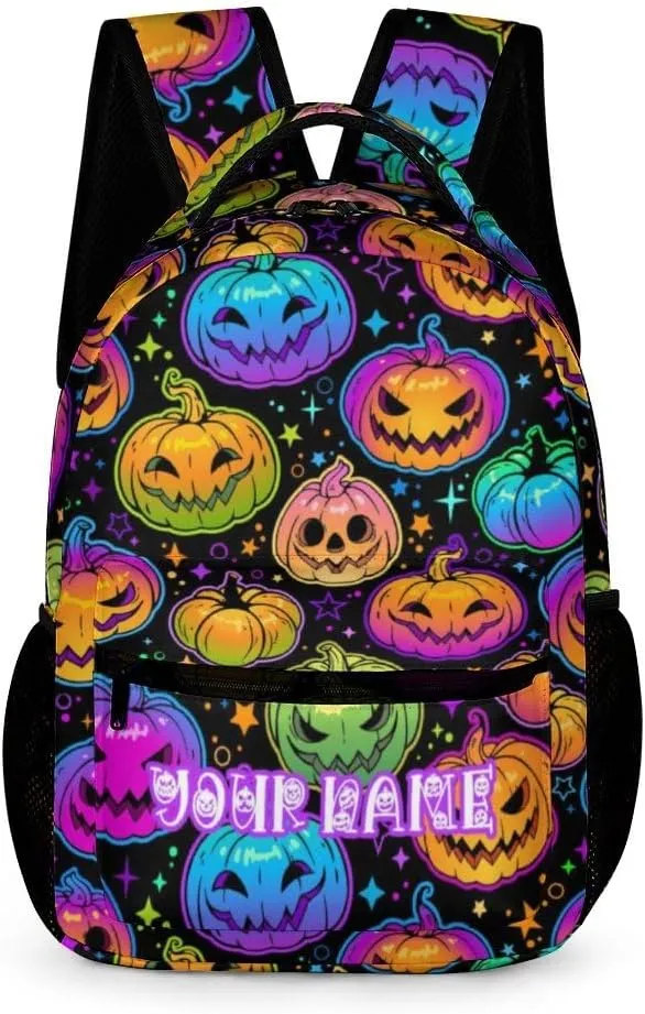 Custom Halloween Pumpkin Backpack for Kids Girls Boys School, 16 Inches Scary Halloween Theme Bookbag, Adjustable, Lightweight, Large Capacity, Happy Halloween Backpacks