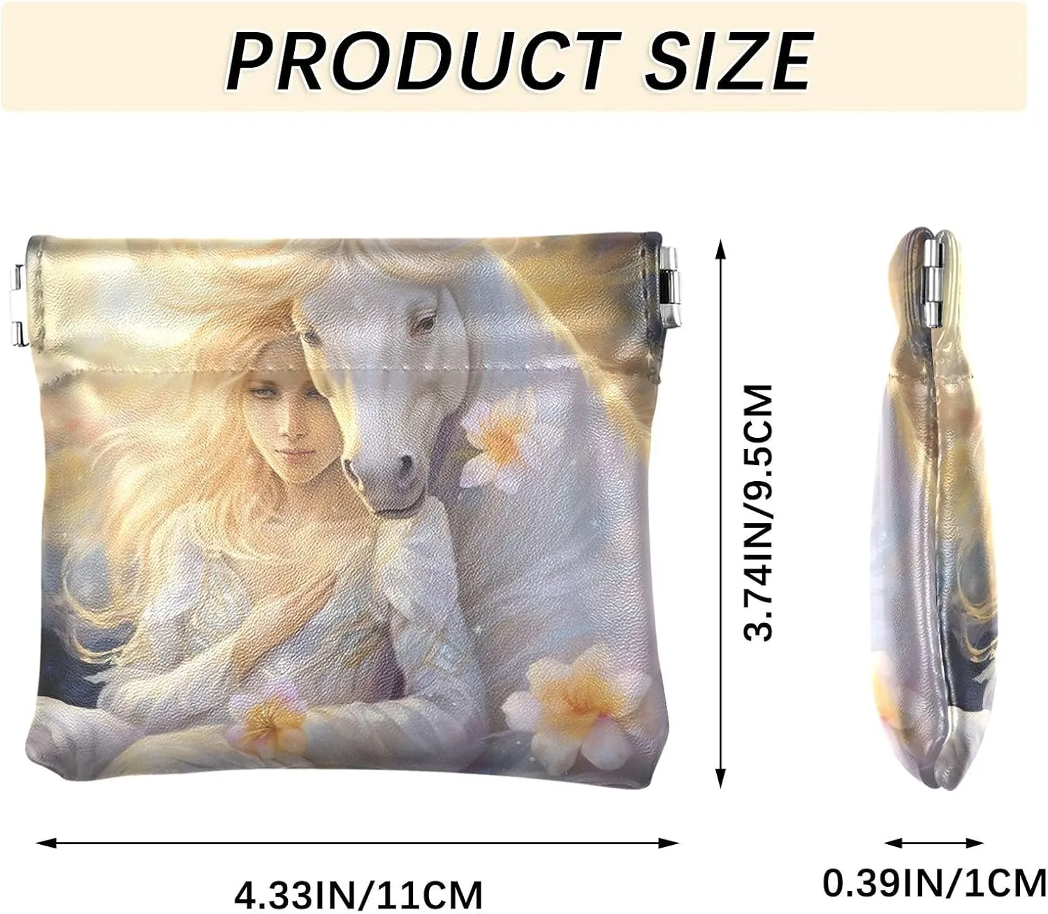 Custom Leather Coin Purse for Women White Horse Painting Floral Squeeze Card Change Purse for Coin
