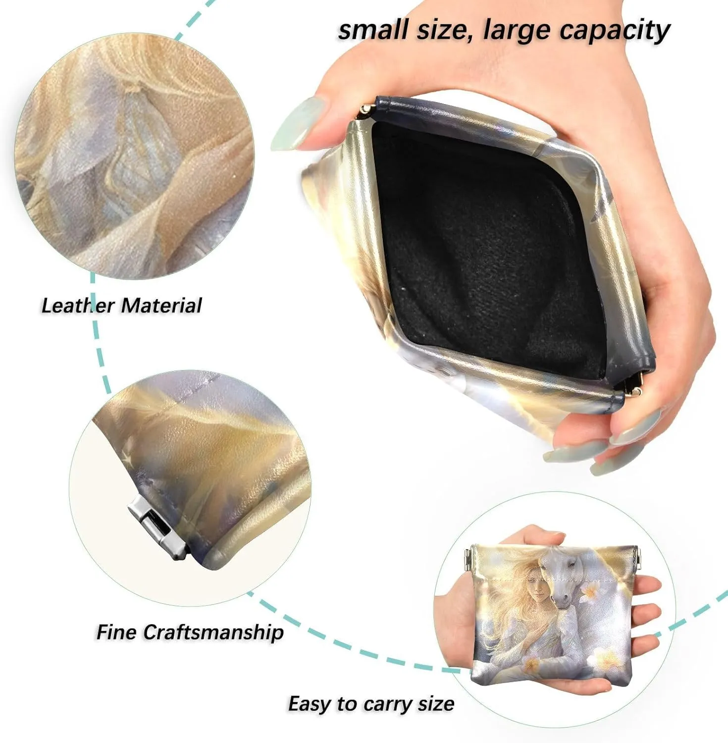 Custom Leather Coin Purse for Women White Horse Painting Floral Squeeze Card Change Purse for Coin