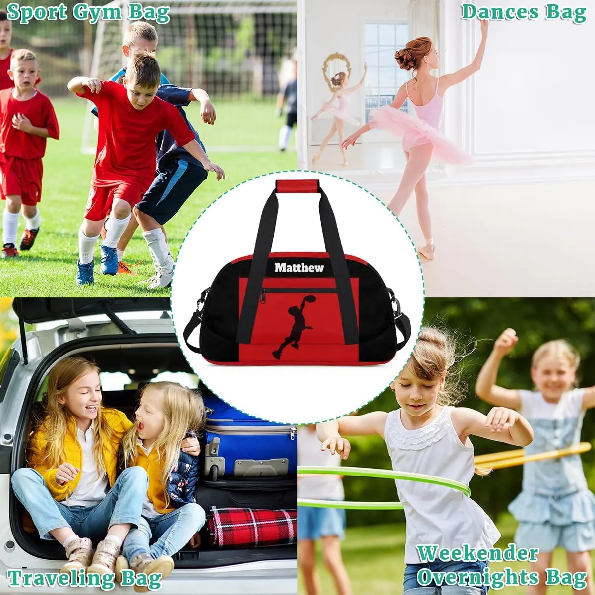 Custom Named Sports Basketball Bag for Boys, Gym Bag Sports Travel Duffle Bag Tote Dance Training Carry On Weekend Sports Bag, Kids Playing Basketball Silhouette