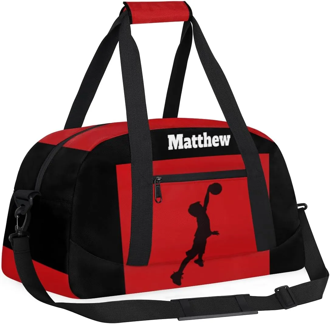 Custom Named Sports Basketball Bag for Boys, Gym Bag Sports Travel Duffle Bag Tote Dance Training Carry On Weekend Sports Bag, Kids Playing Basketball Silhouette