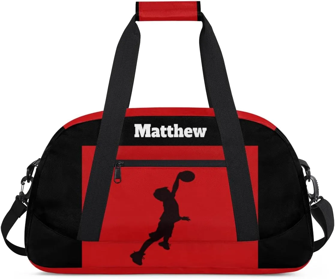 Custom Named Sports Basketball Bag for Boys, Gym Bag Sports Travel Duffle Bag Tote Dance Training Carry On Weekend Sports Bag, Kids Playing Basketball Silhouette