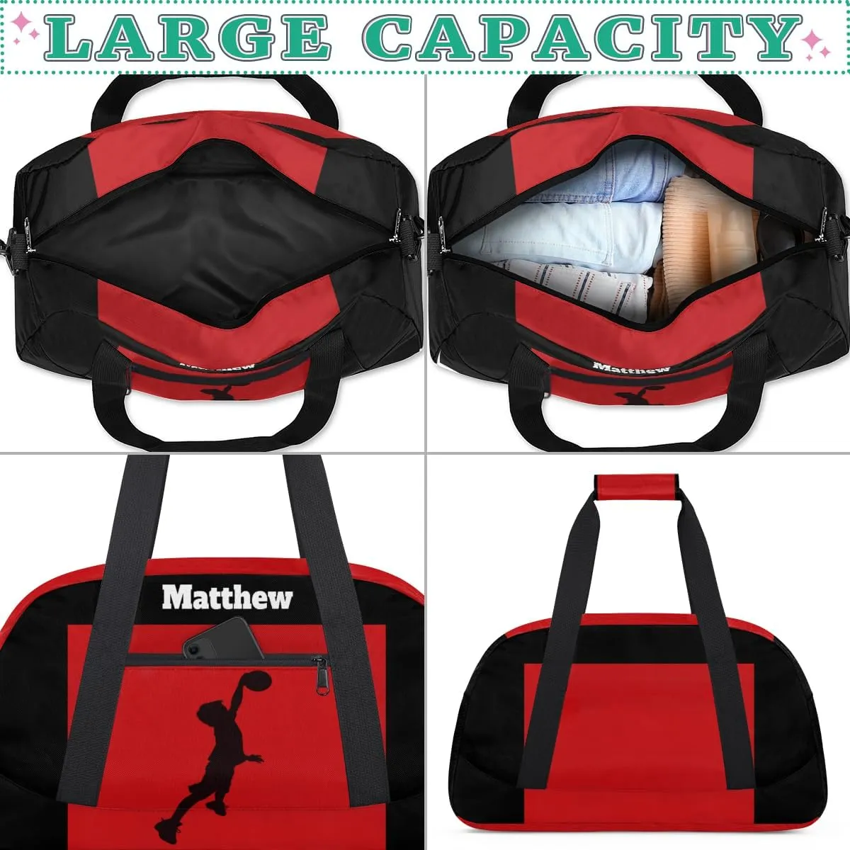 Custom Named Sports Basketball Bag for Boys, Gym Bag Sports Travel Duffle Bag Tote Dance Training Carry On Weekend Sports Bag, Kids Playing Basketball Silhouette