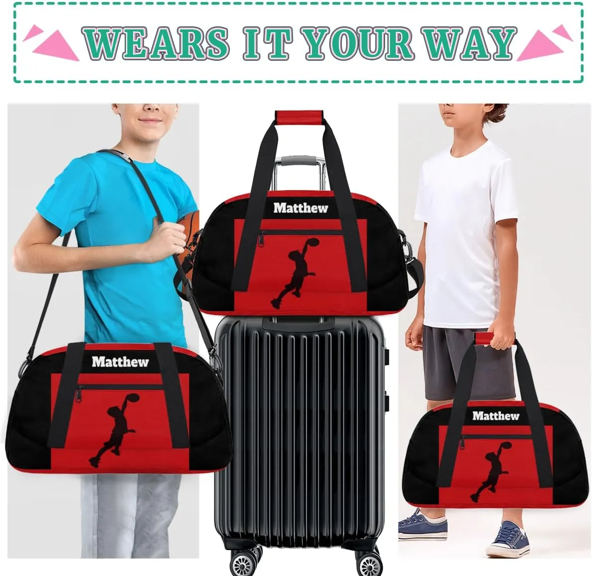 Custom Named Sports Basketball Bag for Boys, Gym Bag Sports Travel Duffle Bag Tote Dance Training Carry On Weekend Sports Bag, Kids Playing Basketball Silhouette