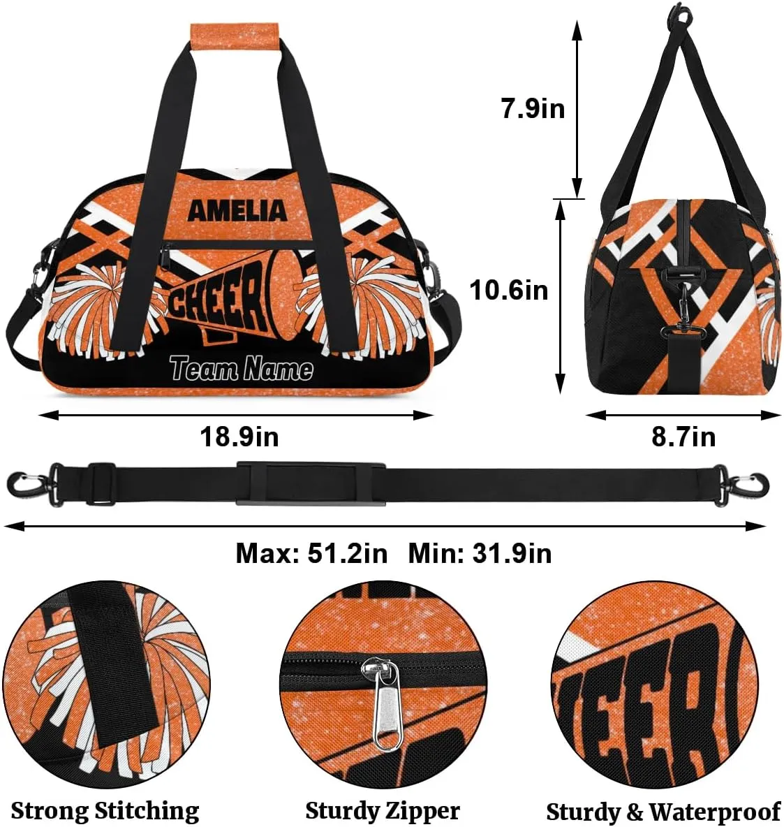 Custom Names Dance Cheerleading Bag Team, Sport Duffle Gym Dance Bag, Cheer Bag Custom Name Travel Weekender Lightweight Bags Cheerleading Bag, Orange Glittering