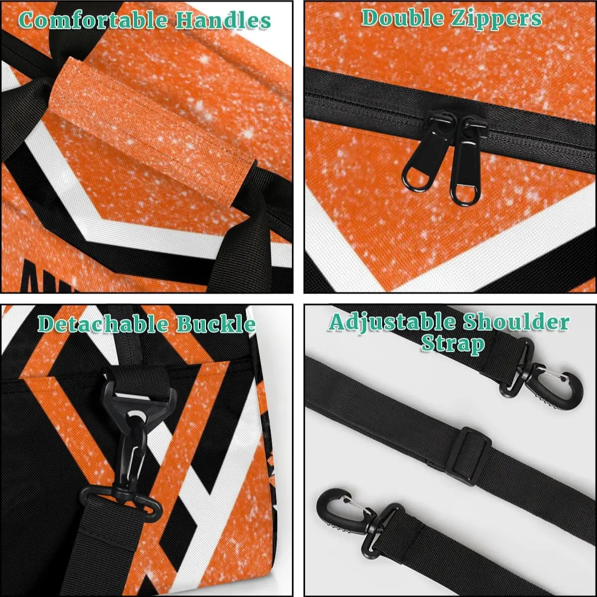 Custom Names Dance Cheerleading Bag Team, Sport Duffle Gym Dance Bag, Cheer Bag Custom Name Travel Weekender Lightweight Bags Cheerleading Bag, Orange Glittering