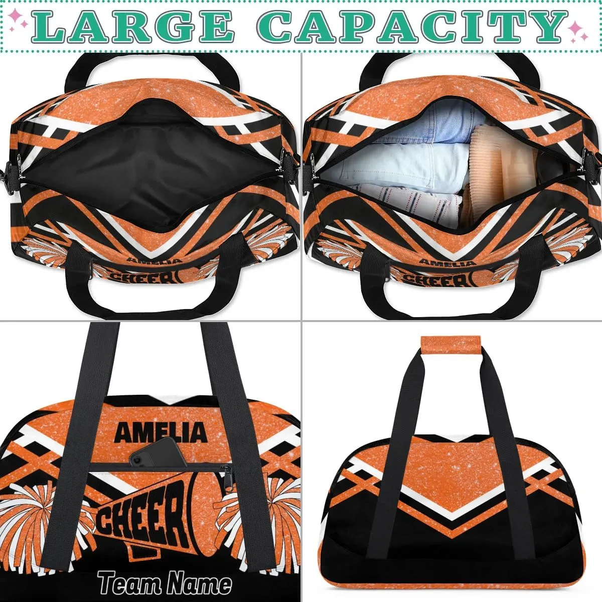 Custom Names Dance Cheerleading Bag Team, Sport Duffle Gym Dance Bag, Cheer Bag Custom Name Travel Weekender Lightweight Bags Cheerleading Bag, Orange Glittering