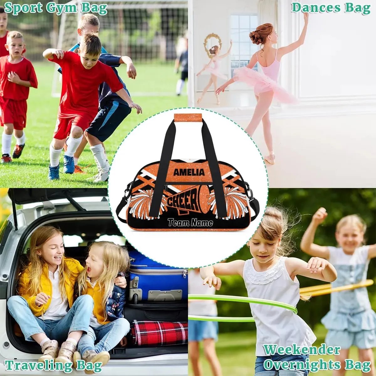Custom Names Dance Cheerleading Bag Team, Sport Duffle Gym Dance Bag, Cheer Bag Custom Name Travel Weekender Lightweight Bags Cheerleading Bag, Orange Glittering