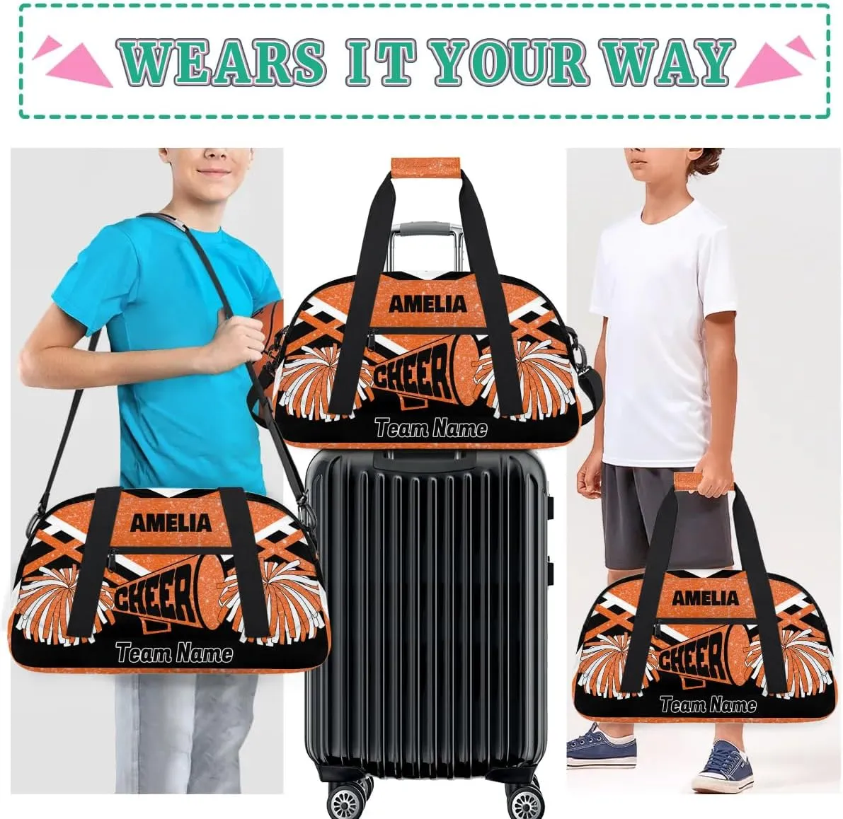 Custom Names Dance Cheerleading Bag Team, Sport Duffle Gym Dance Bag, Cheer Bag Custom Name Travel Weekender Lightweight Bags Cheerleading Bag, Orange Glittering