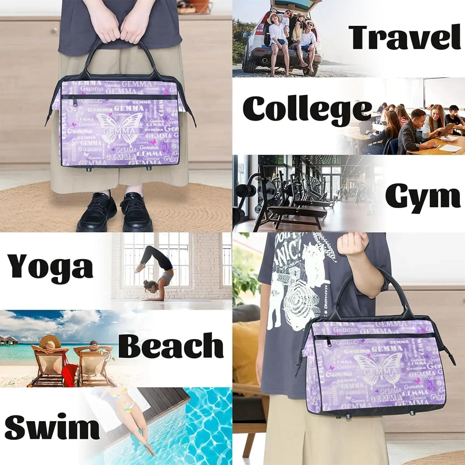 Custom Sport Duffel Bag with Name Butterfly Travel Overnight Bag for Women Men Waterproof Dance Ballet Bag Lightweight 15.2in, Purple Fluid Glitter
