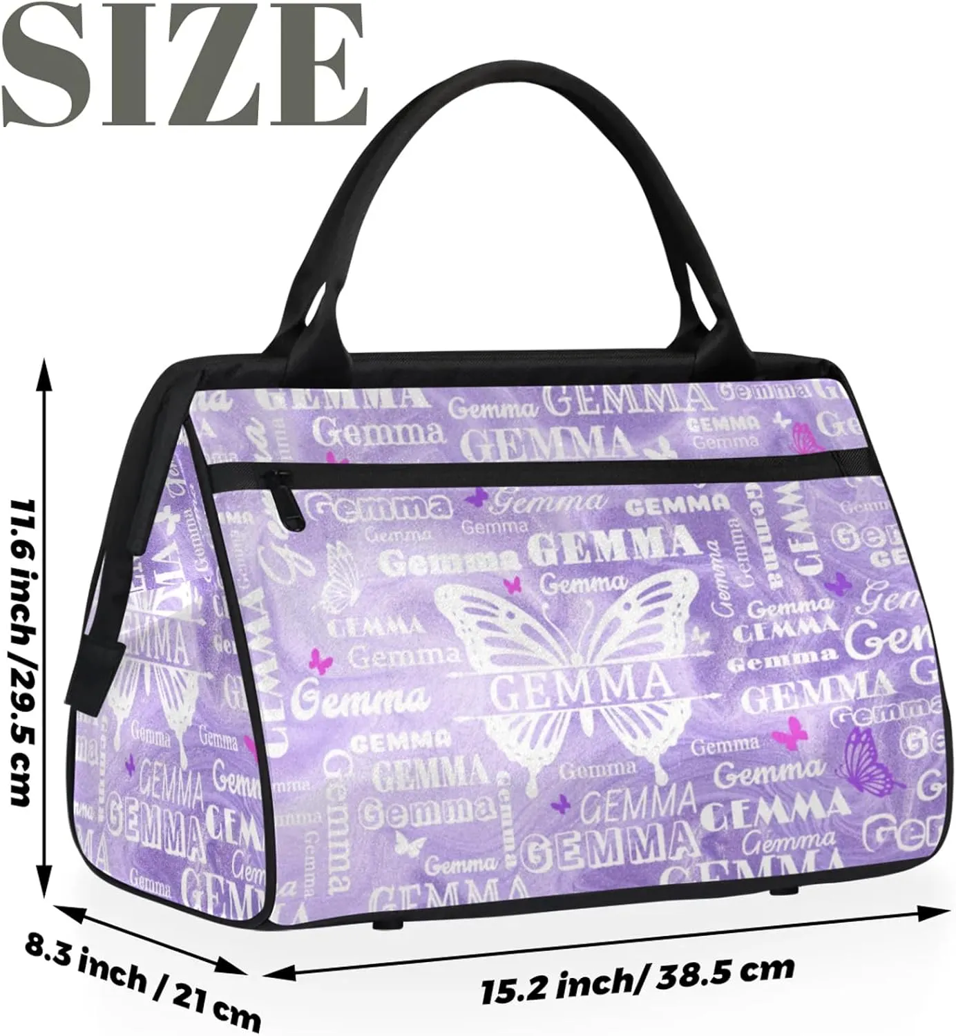 Custom Sport Duffel Bag with Name Butterfly Travel Overnight Bag for Women Men Waterproof Dance Ballet Bag Lightweight 15.2in, Purple Fluid Glitter