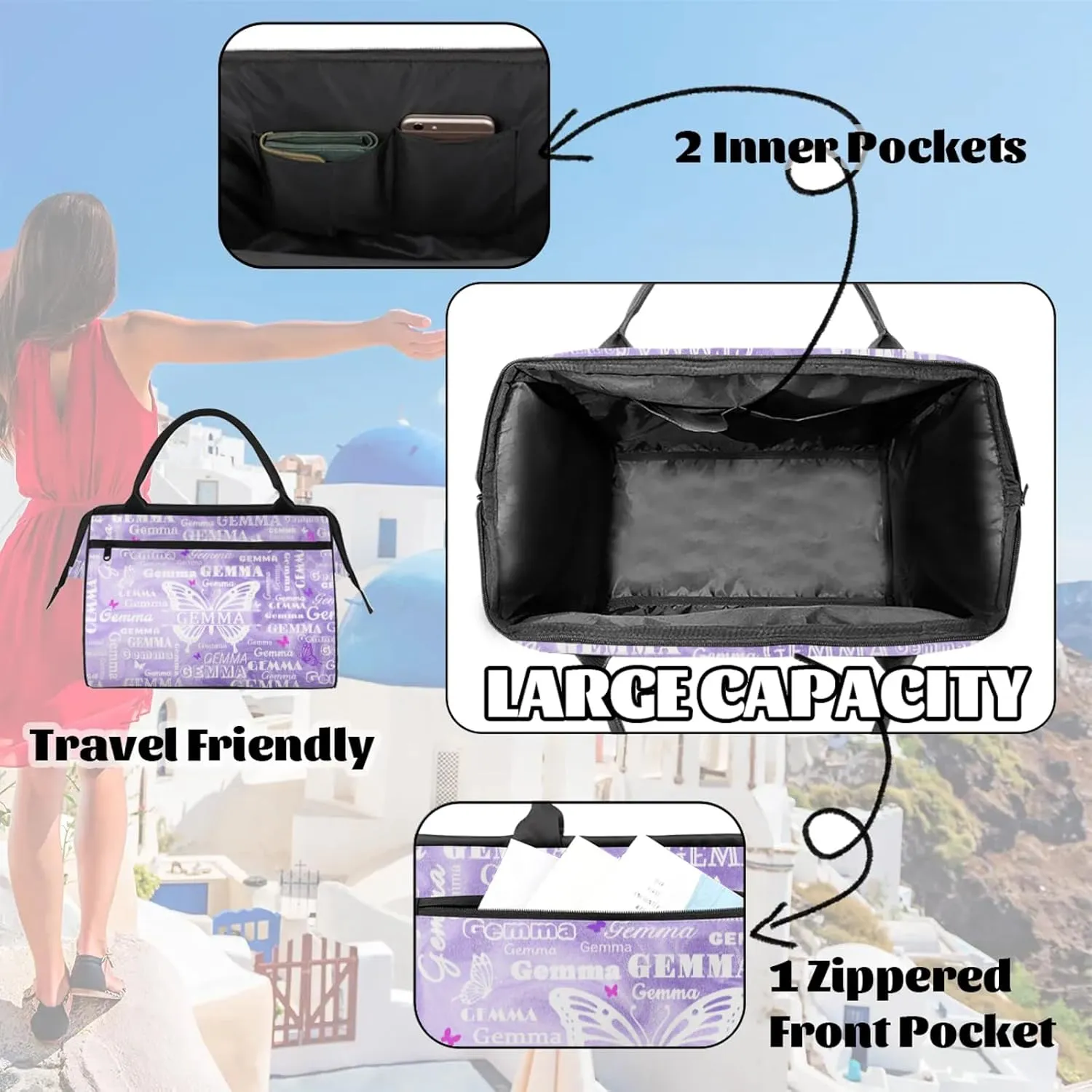 Custom Sport Duffel Bag with Name Butterfly Travel Overnight Bag for Women Men Waterproof Dance Ballet Bag Lightweight 15.2in, Purple Fluid Glitter