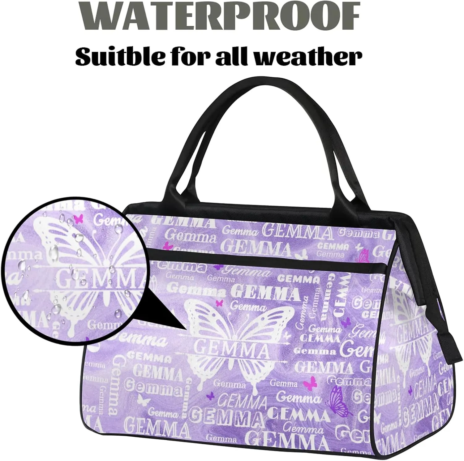 Custom Sport Duffel Bag with Name Butterfly Travel Overnight Bag for Women Men Waterproof Dance Ballet Bag Lightweight 15.2in, Purple Fluid Glitter