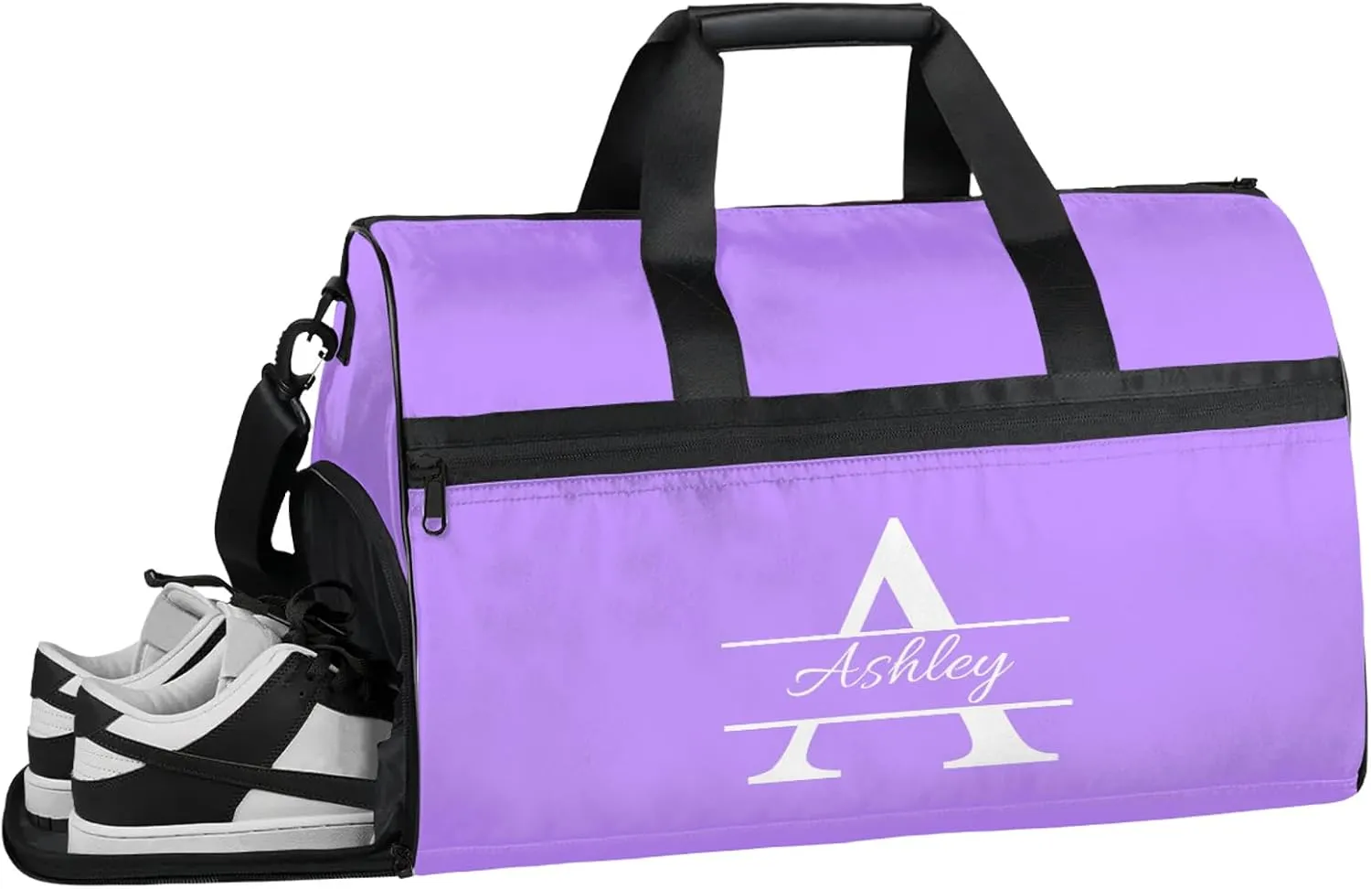 Custom Sports Duffel Bag with Shoe Compartment Personalized Name Dance Gym Bag for Women Overnight Weekender Travel Duffel Bags, Light Purple