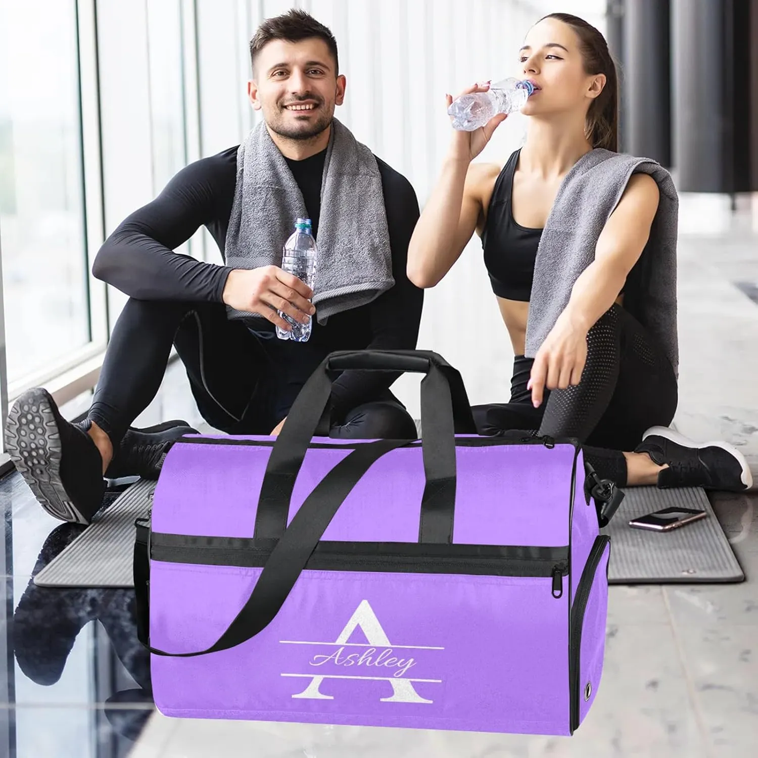 Custom Sports Duffel Bag with Shoe Compartment Personalized Name Dance Gym Bag for Women Overnight Weekender Travel Duffel Bags, Light Purple