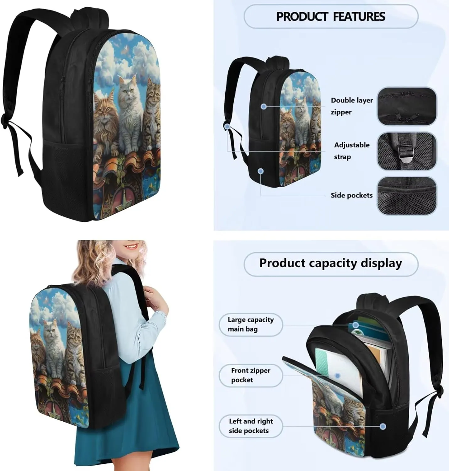 Cute Cat Backpack and Lunch Box Set Boys 17 Inch Tween Backpacks for Girls 4pcs Elementary Pencil Case Cute for Girls Insulated Personalized Bookmark Easy Clean Laptop A4 Tablet