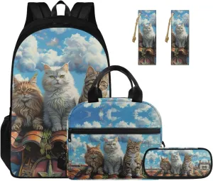 Cute Cat Backpack and Lunch Box Set Boys 17 Inch Tween Backpacks for Girls 4pcs Elementary Pencil Case Cute for Girls Insulated Personalized Bookmark Easy Clean Laptop A4 Tablet