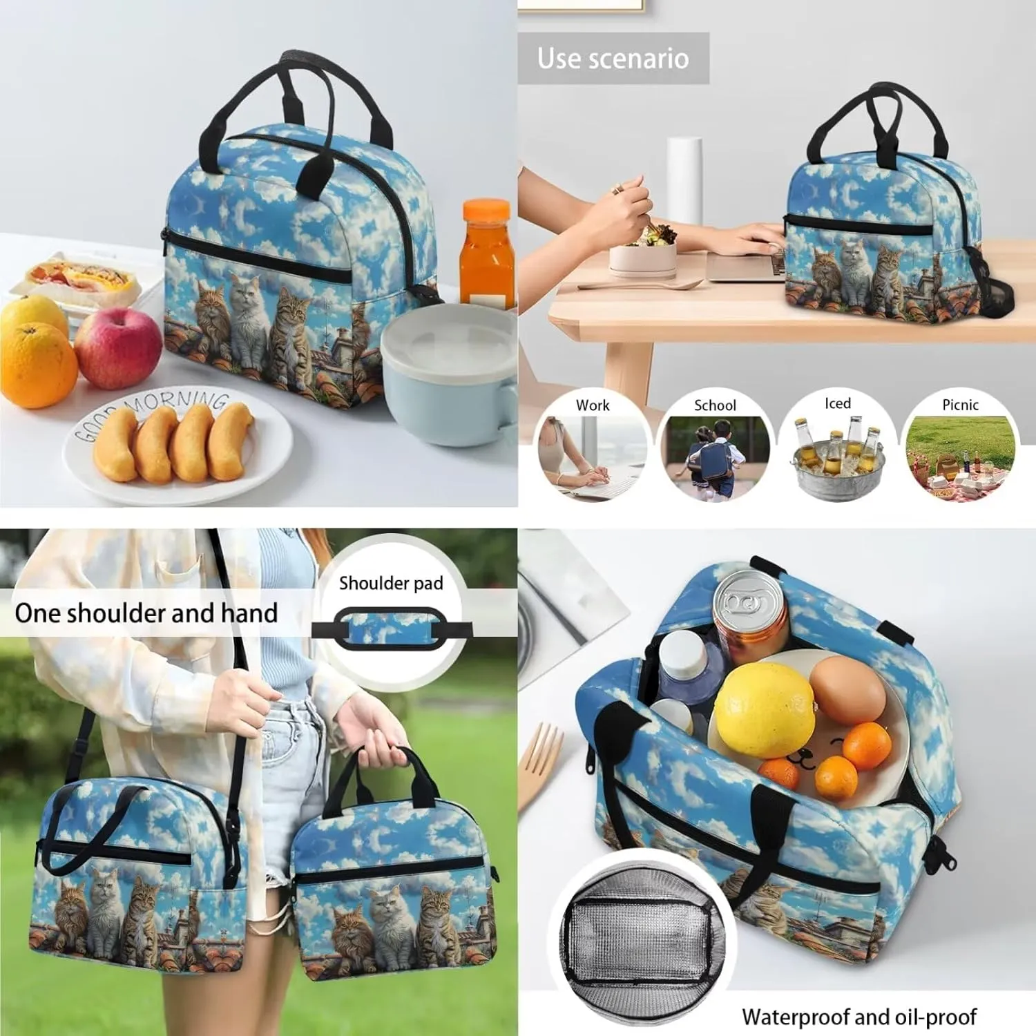 Cute Cat Backpack and Lunch Box Set Boys 17 Inch Tween Backpacks for Girls 4pcs Elementary Pencil Case Cute for Girls Insulated Personalized Bookmark Easy Clean Laptop A4 Tablet