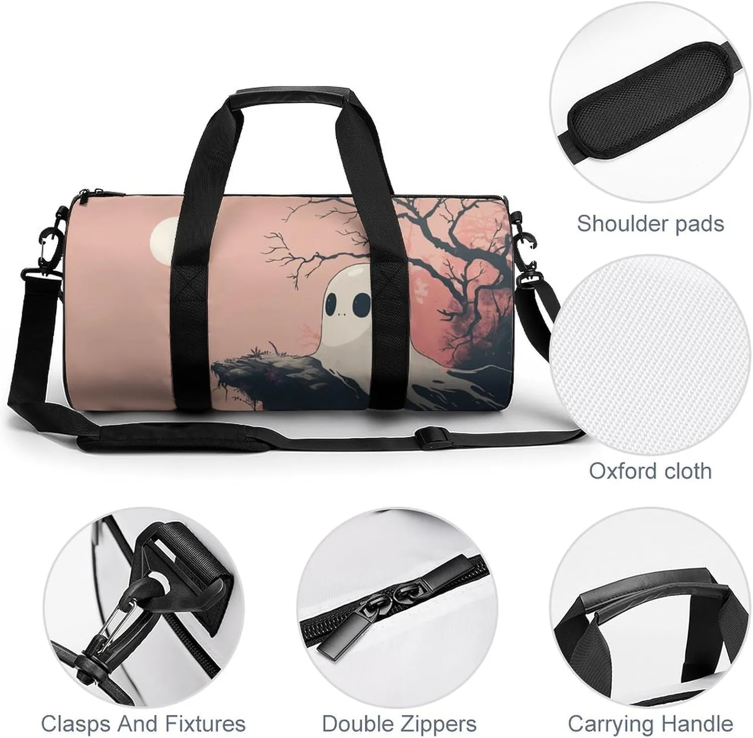 Cute Ghost Travel Gym Bag for Women Men Retro Minimalistic Cylindrical Duffle Bag Sport Workout Bag with Shoulder Strap