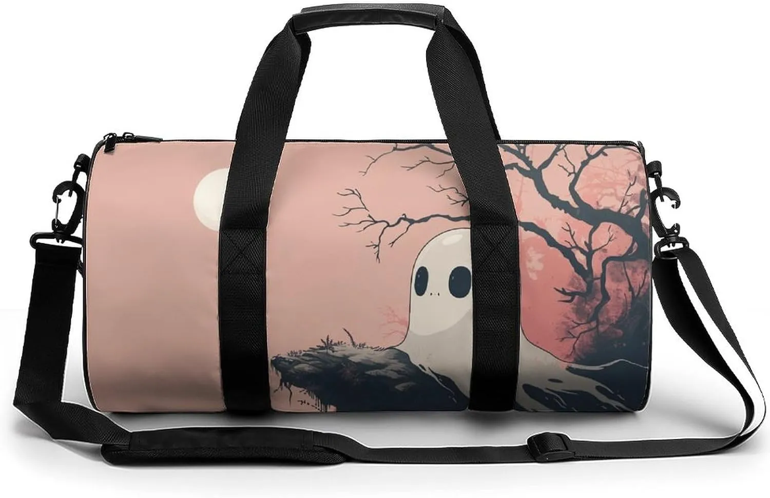 Cute Ghost Travel Gym Bag for Women Men Retro Minimalistic Cylindrical Duffle Bag Sport Workout Bag with Shoulder Strap