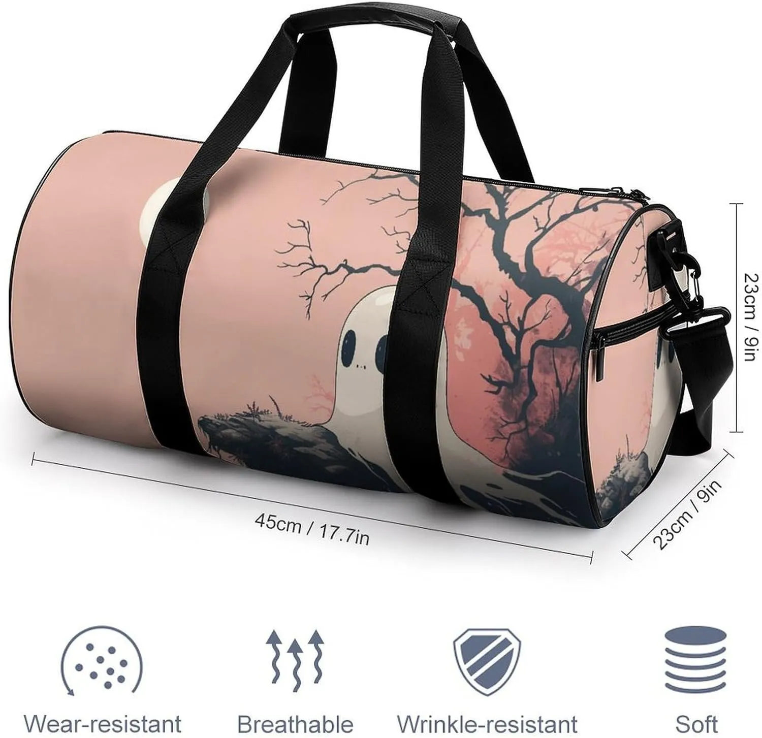 Cute Ghost Travel Gym Bag for Women Men Retro Minimalistic Cylindrical Duffle Bag Sport Workout Bag with Shoulder Strap