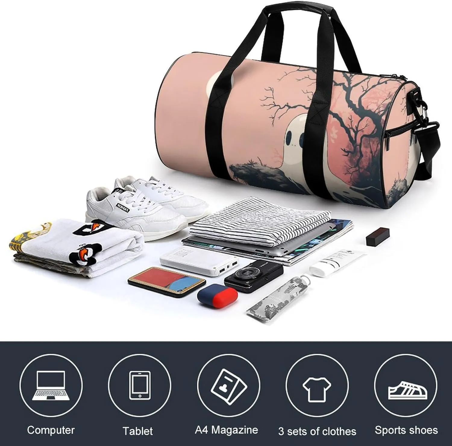 Cute Ghost Travel Gym Bag for Women Men Retro Minimalistic Cylindrical Duffle Bag Sport Workout Bag with Shoulder Strap