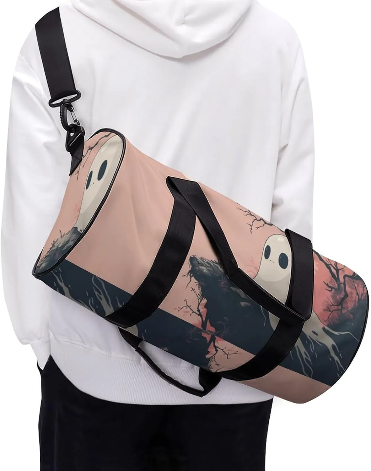 Cute Ghost Travel Gym Bag for Women Men Retro Minimalistic Cylindrical Duffle Bag Sport Workout Bag with Shoulder Strap
