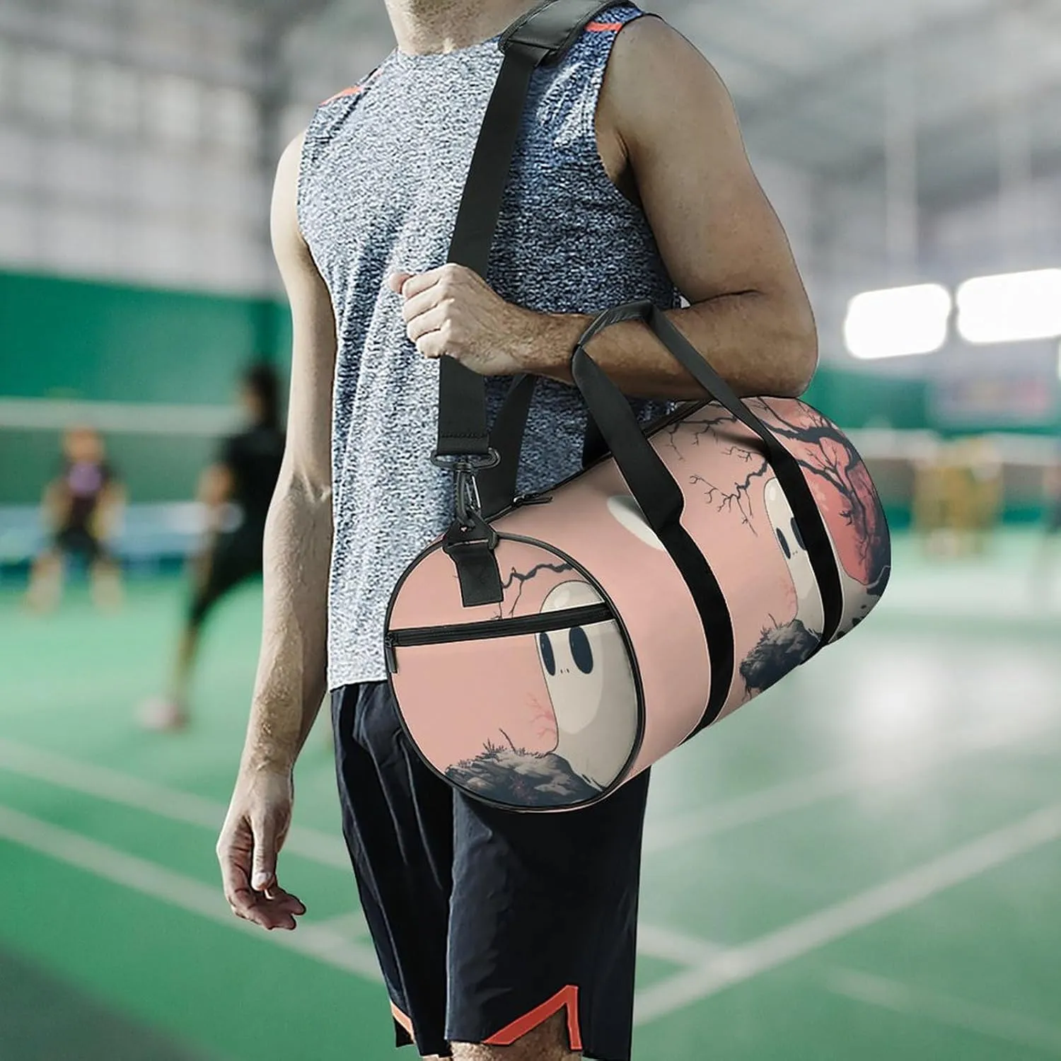 Cute Ghost Travel Gym Bag for Women Men Retro Minimalistic Cylindrical Duffle Bag Sport Workout Bag with Shoulder Strap