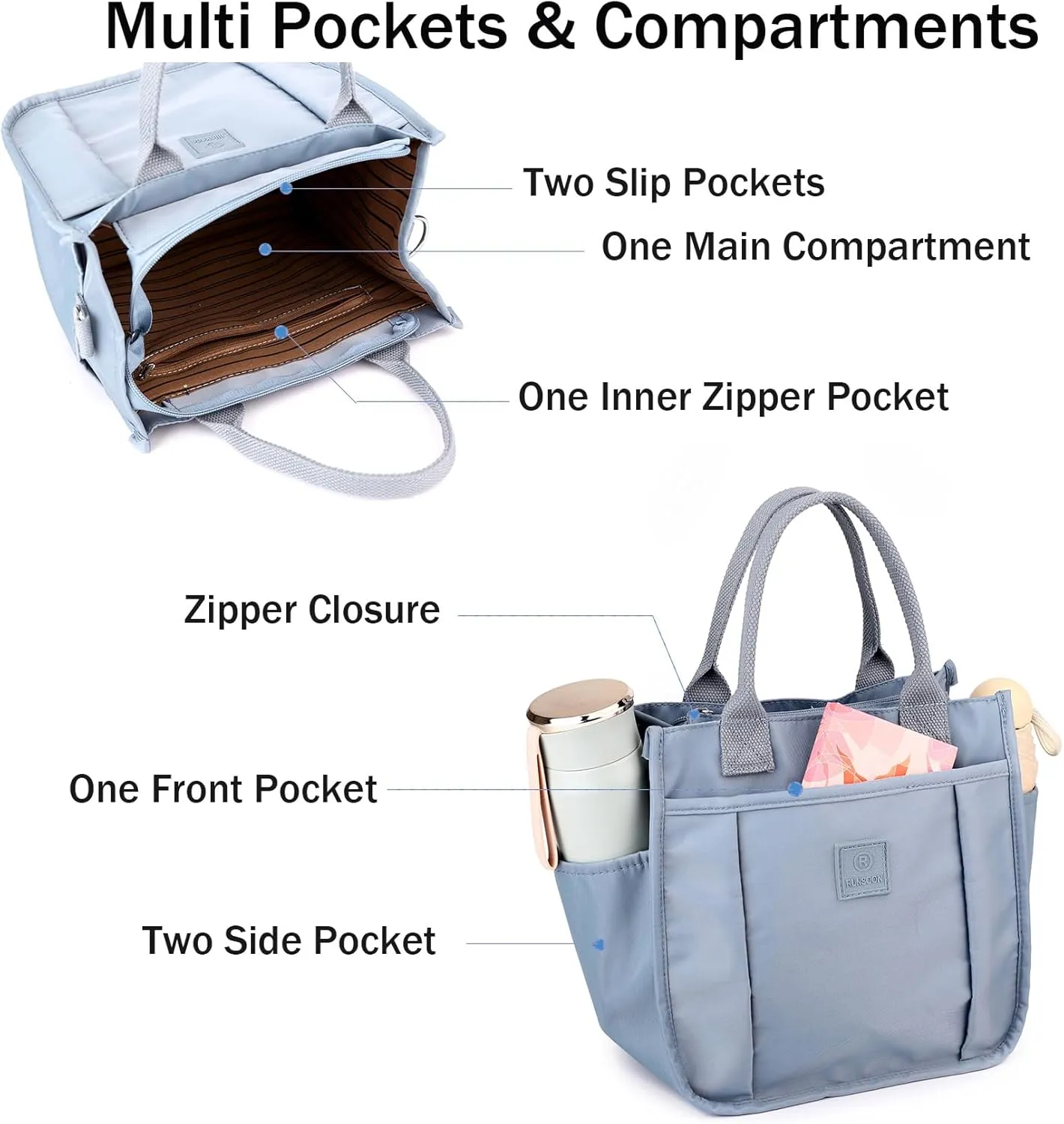 Cute Small Tote Bag for Women with Zipper Multi Pockets, Mini Crossbody Purse Tote Handbags for Work Travel Beach