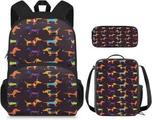 Dachshund Print Toddler Backpack and Lunch Box Set Boys Canvas Soft Girls School Bag Recycle Reusable Insulated Bags and Mini Pencil Case for School Work Travel