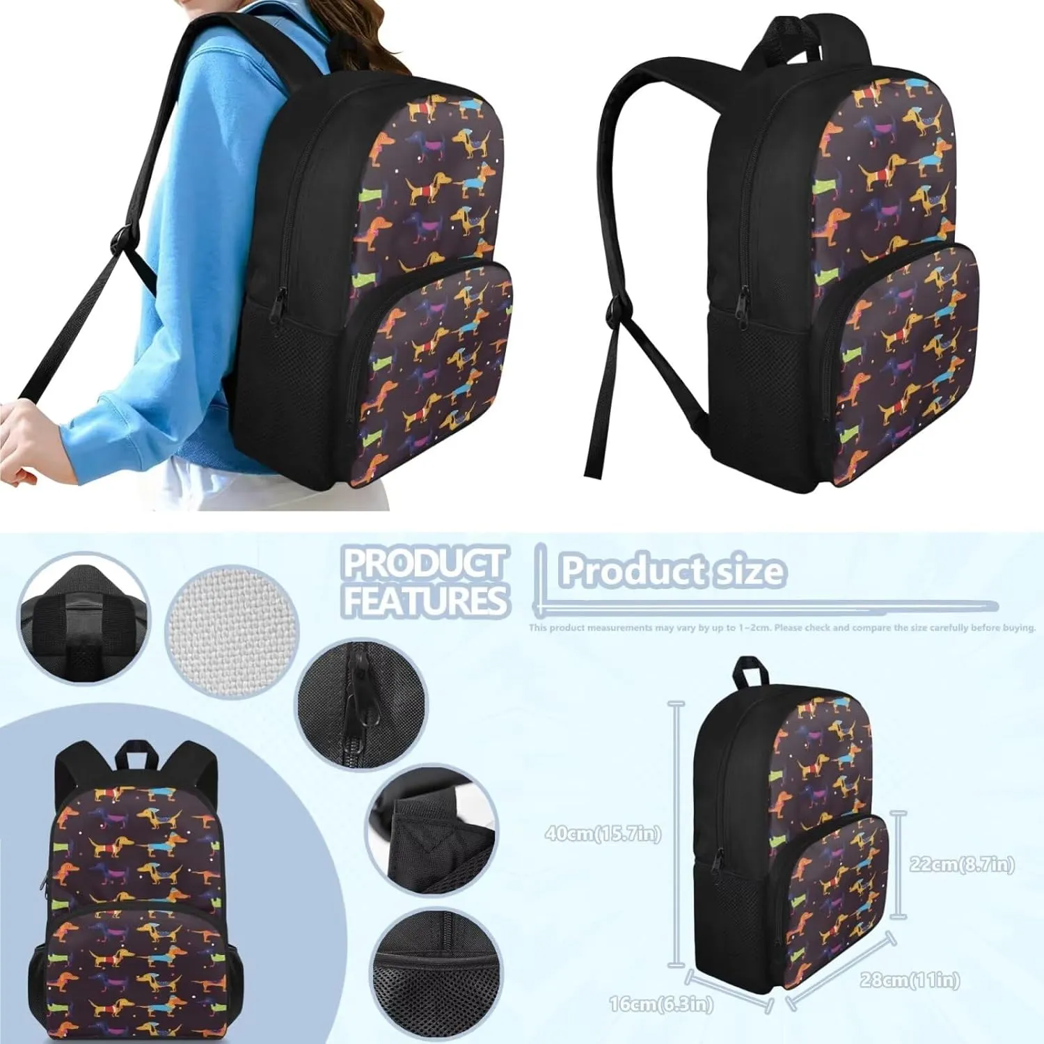 Dachshund Print Toddler Backpack and Lunch Box Set Boys Canvas Soft Girls School Bag Recycle Reusable Insulated Bags and Mini Pencil Case for School Work Travel
