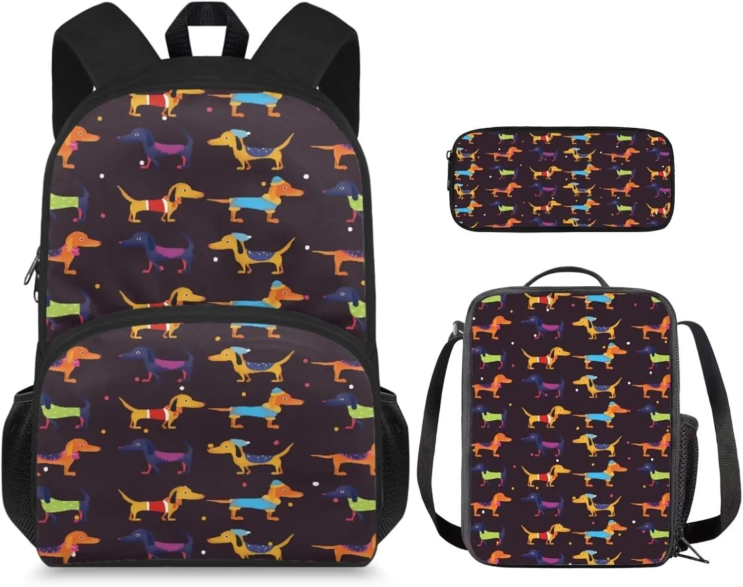 Dachshund Print Toddler Backpack and Lunch Box Set Boys Canvas Soft Girls School Bag Recycle Reusable Insulated Bags and Mini Pencil Case for School Work Travel