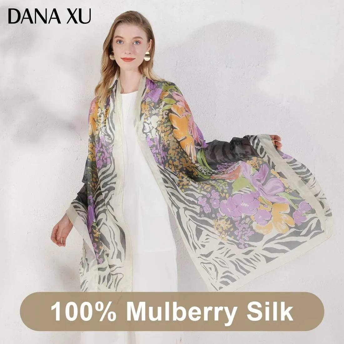 DANA XU 100% Mulberry Satin Silk Summer Travel Scarf Extra Large Women Floral Shawl Oversize Soft Wraps For Evening Dresses