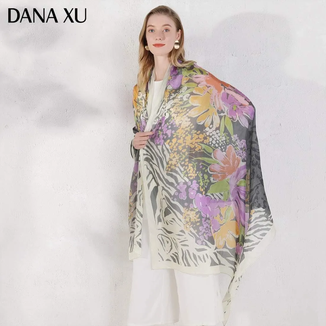 DANA XU 100% Mulberry Satin Silk Summer Travel Scarf Extra Large Women Floral Shawl Oversize Soft Wraps For Evening Dresses
