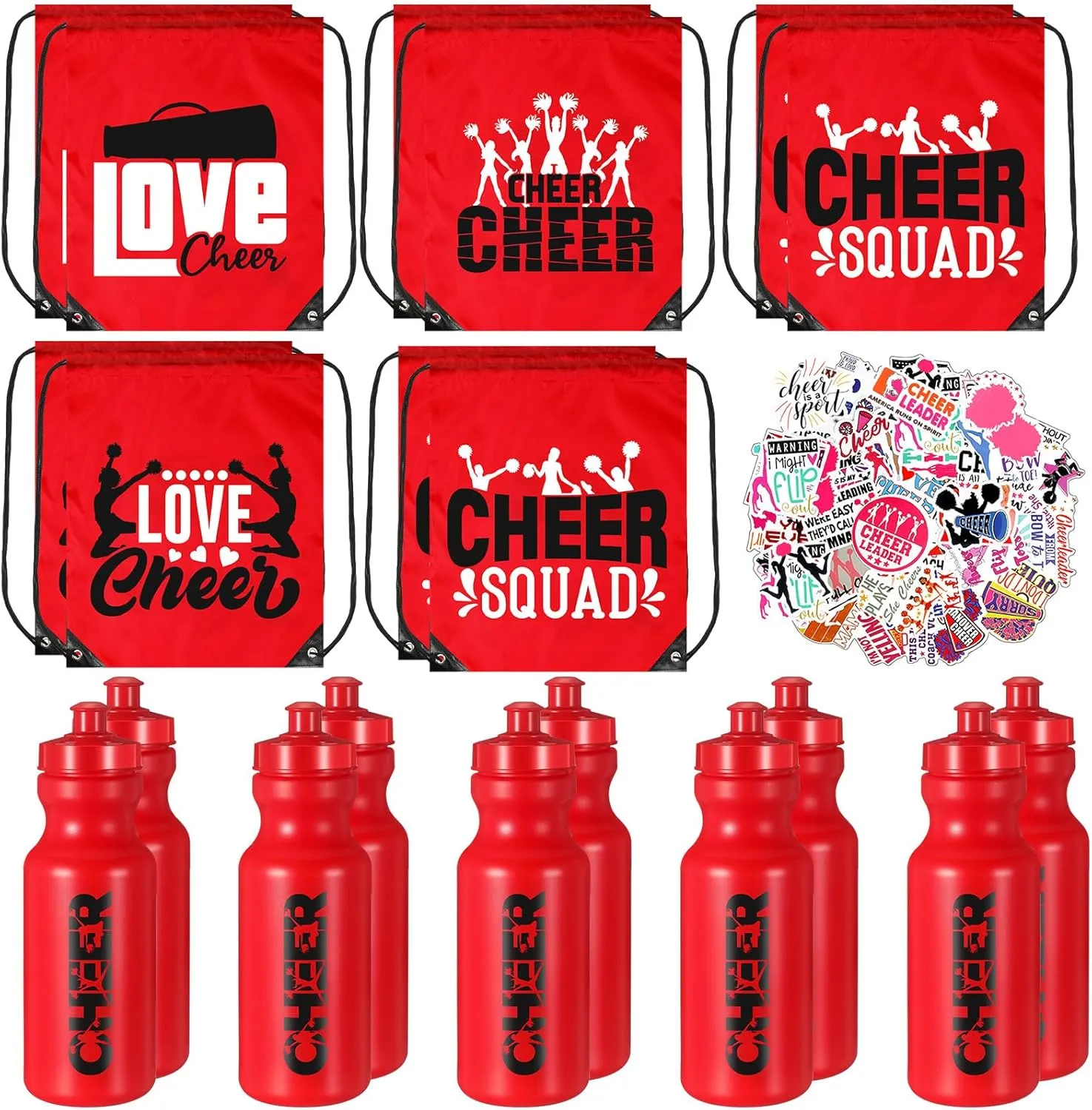 Dandat 21 Pcs Cheerleader Gifts Cheer Drawstring Bag Eat Sleep Cheer Bag 20oz Cheerleading Plastic Water Bottles Vinyl Cheerleading Stickers Positive Waterproof Decals for Youth Teen