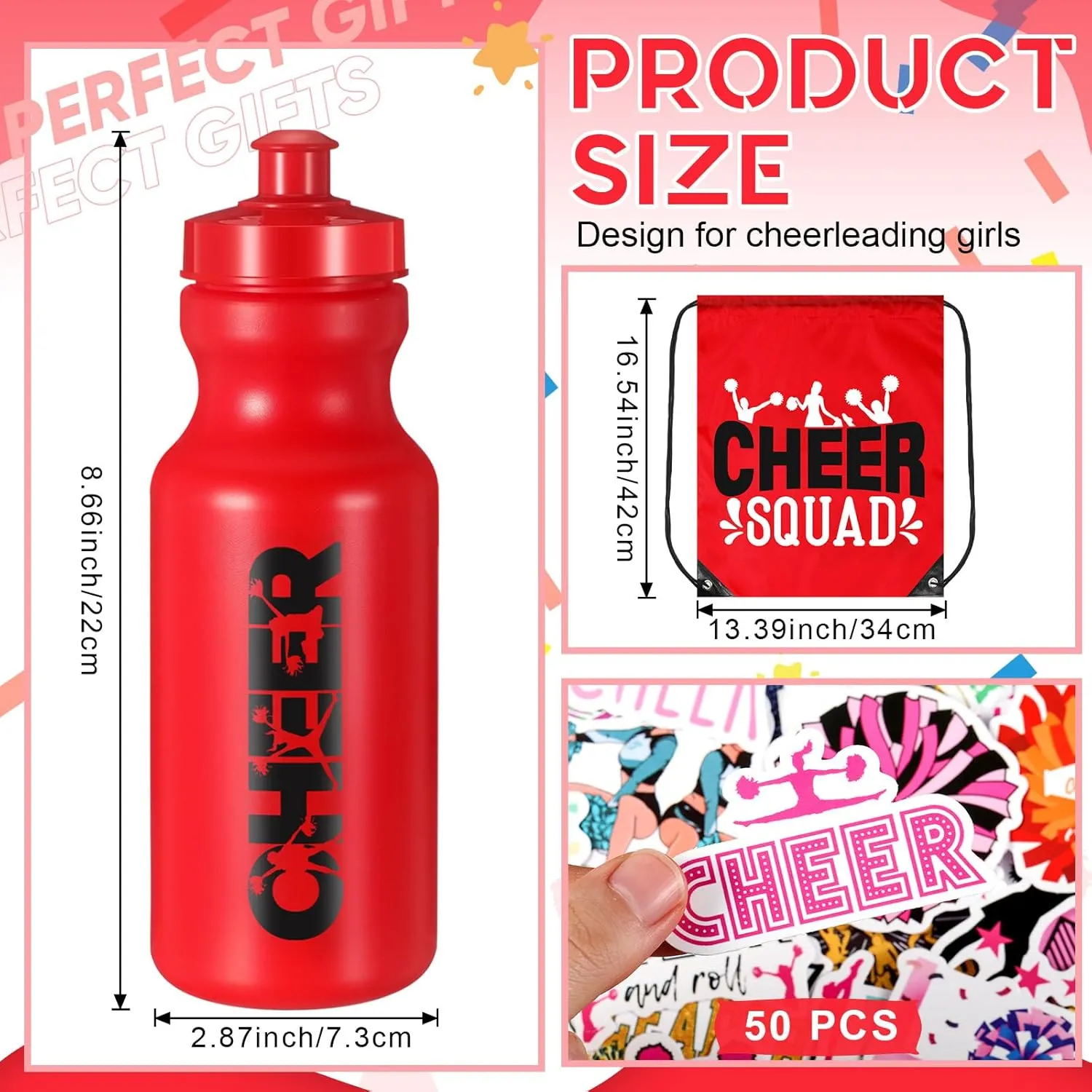 Dandat 21 Pcs Cheerleader Gifts Cheer Drawstring Bag Eat Sleep Cheer Bag 20oz Cheerleading Plastic Water Bottles Vinyl Cheerleading Stickers Positive Waterproof Decals for Youth Teen