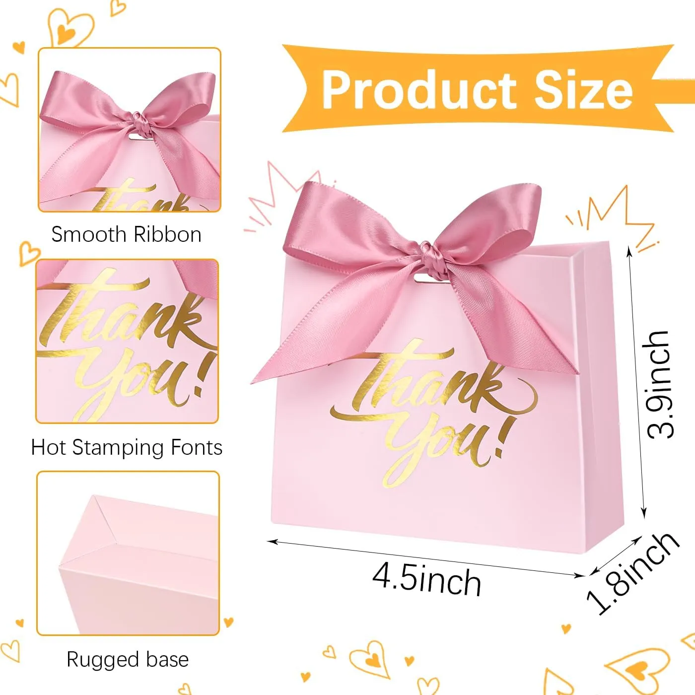 DECHISY 50Pack Mini Thank You & Gift Bags - 4.5x1.8x3.9 Inch, Ribbon, Baby Shower & Wedding Favor Bags in Pink