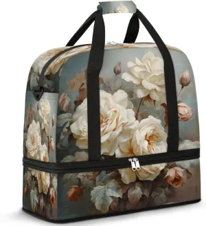 Delicate Flora Print Flower Travel Duffle Bag, Collapsible Travel Bag Sports Gym Bag With Shoes Compartment Weekender Bag Overnight Bag For Women Men
