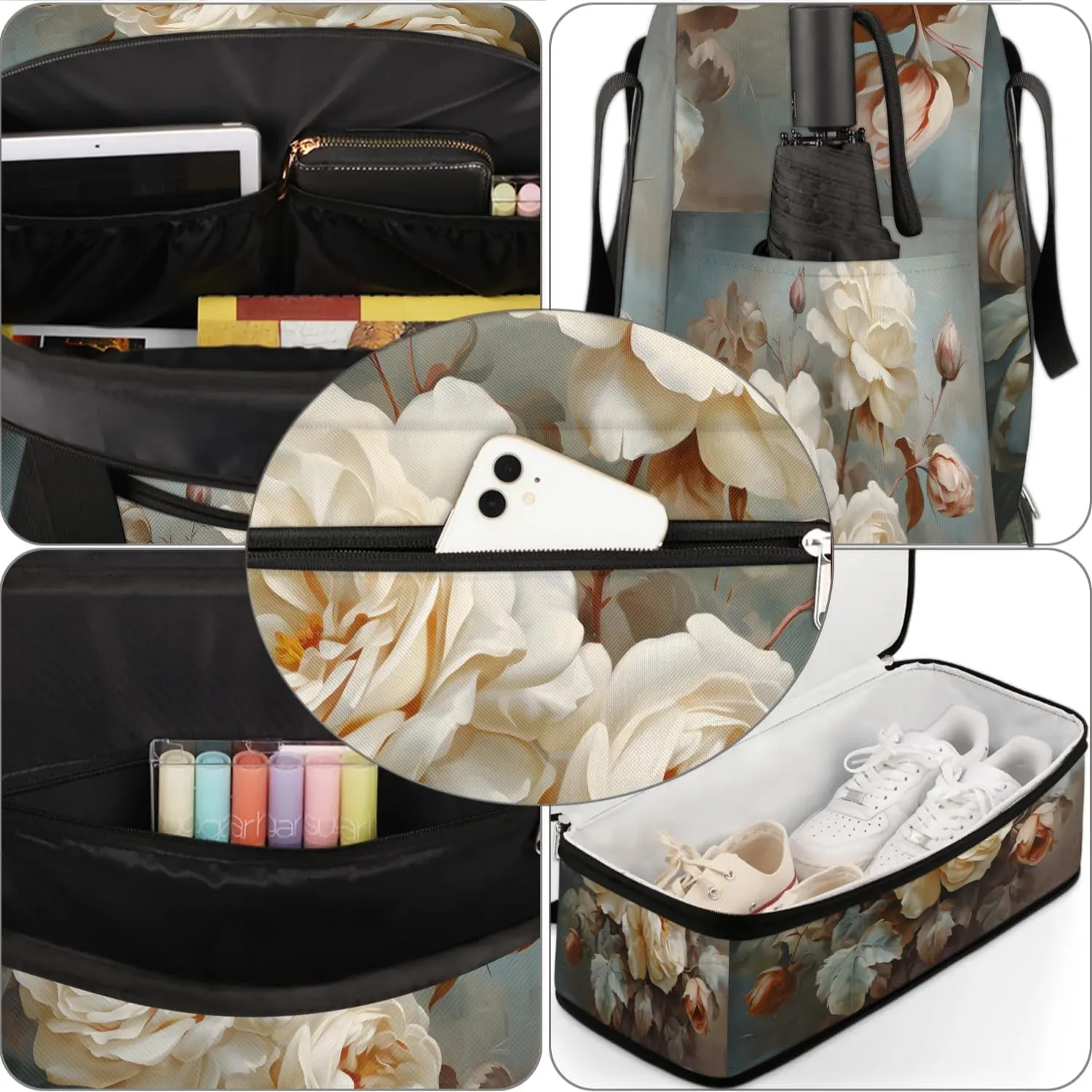 Delicate Flora Print Flower Travel Duffle Bag, Collapsible Travel Bag Sports Gym Bag With Shoes Compartment Weekender Bag Overnight Bag For Women Men