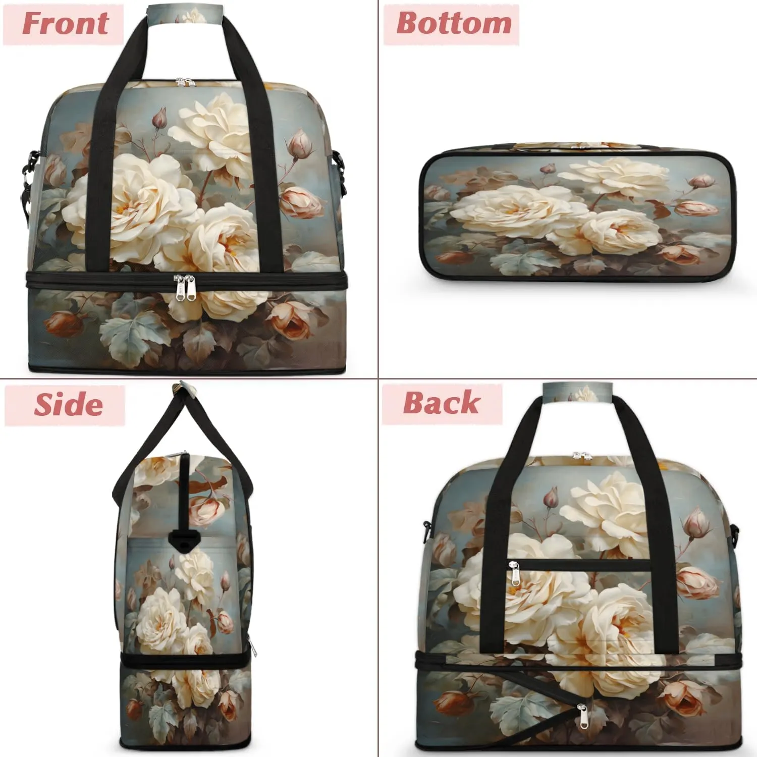 Delicate Flora Print Flower Travel Duffle Bag, Collapsible Travel Bag Sports Gym Bag With Shoes Compartment Weekender Bag Overnight Bag For Women Men