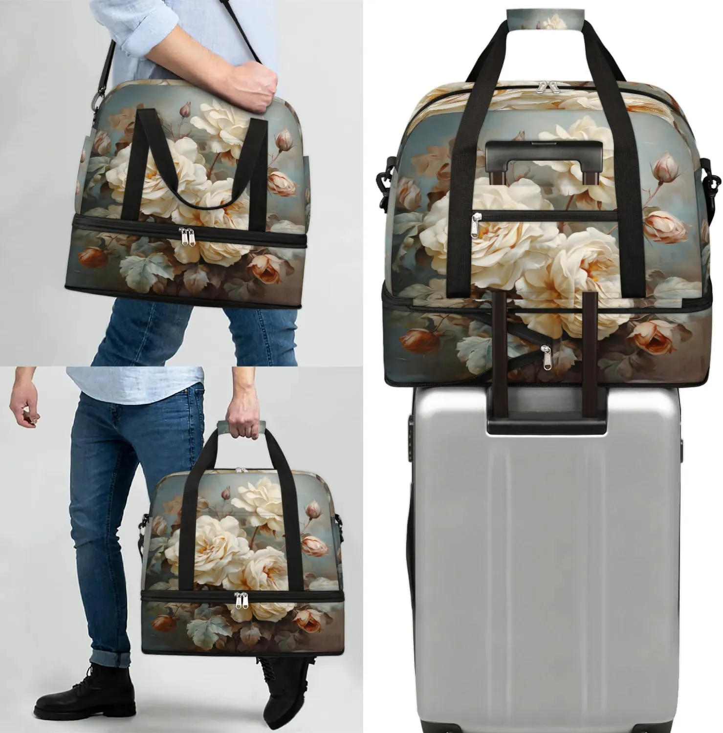 Delicate Flora Print Flower Travel Duffle Bag, Collapsible Travel Bag Sports Gym Bag With Shoes Compartment Weekender Bag Overnight Bag For Women Men